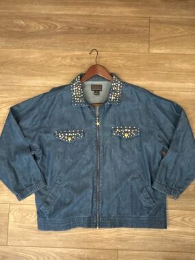 Y2K Style Studded Denim Jacket Star Embellished Zip Up Women’s L 100% Cotton